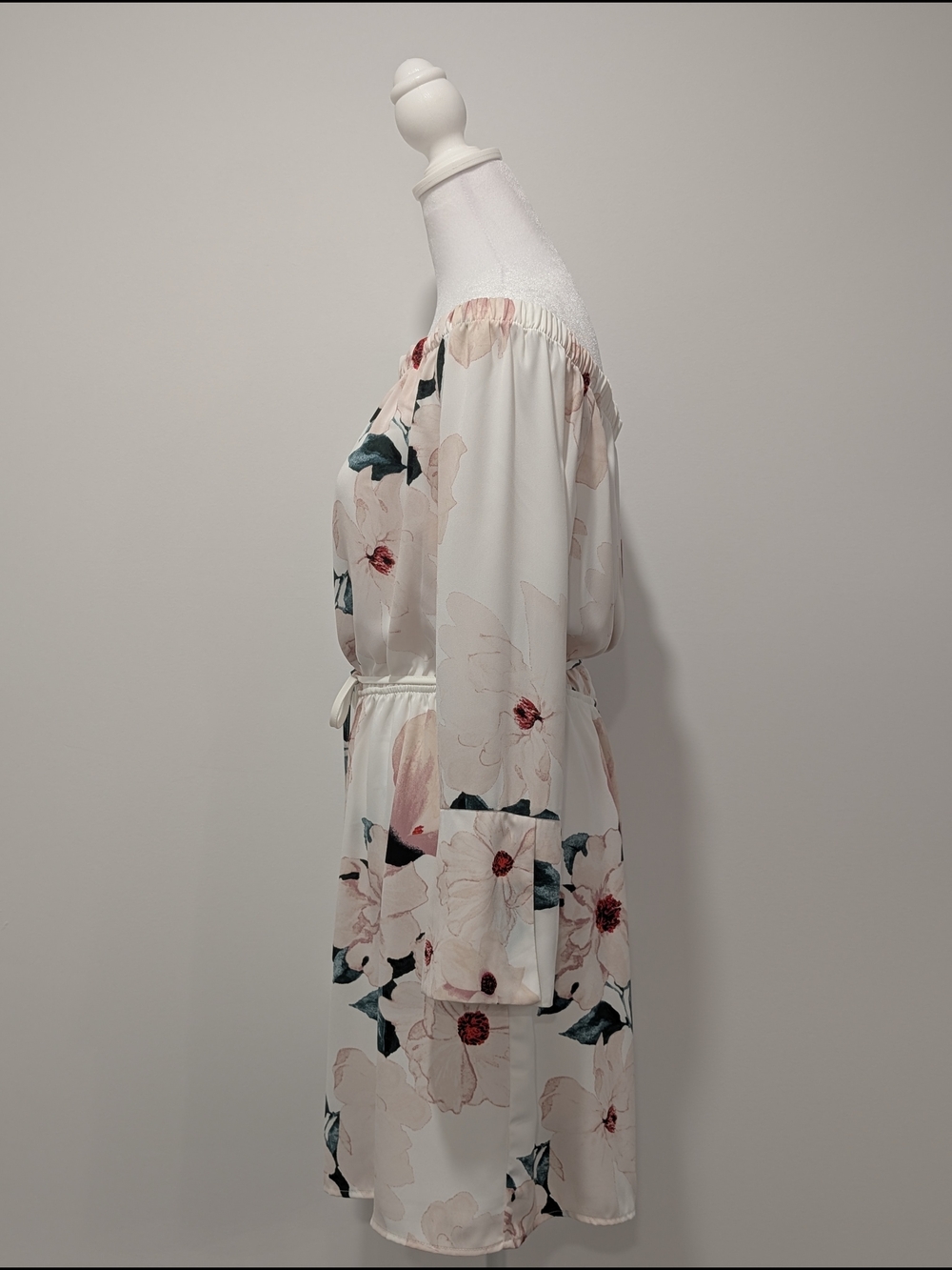 Dynamite Floral Off-Shoulder Tie-Waist Long Sleeve Dress in White and Pink - Picture 3 of 10
